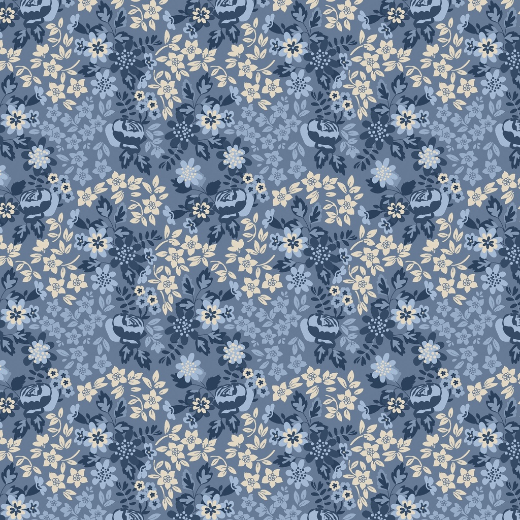 Stripes and Stars Rose Floral Blue Tonal