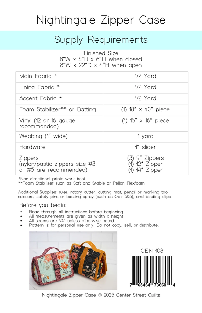 Nightingale Zipper Case Pattern