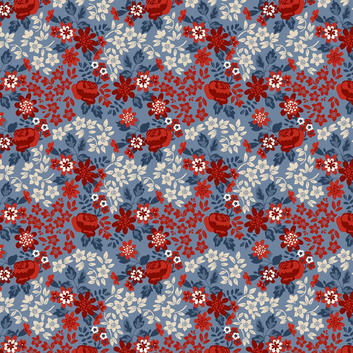 [W140-006-535] Stripes and Stars Rose Floral Blue Multi